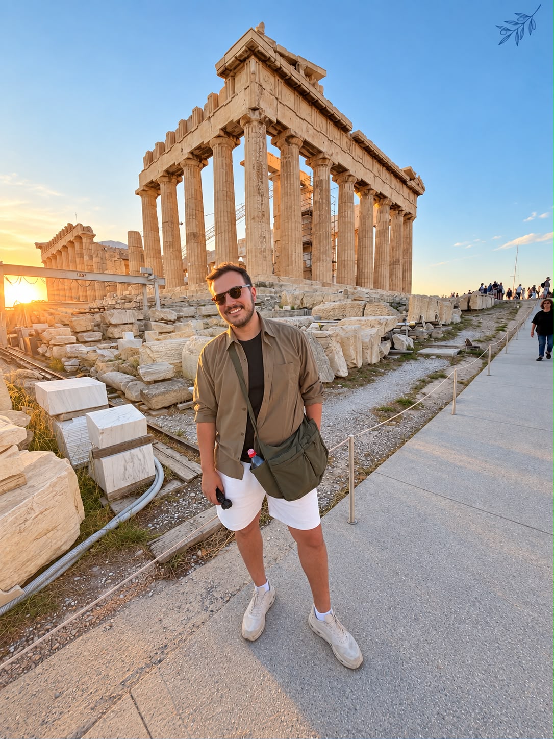 Gabriel diante do Partenon, na Acrópole de Atenas, ao pôr do sol