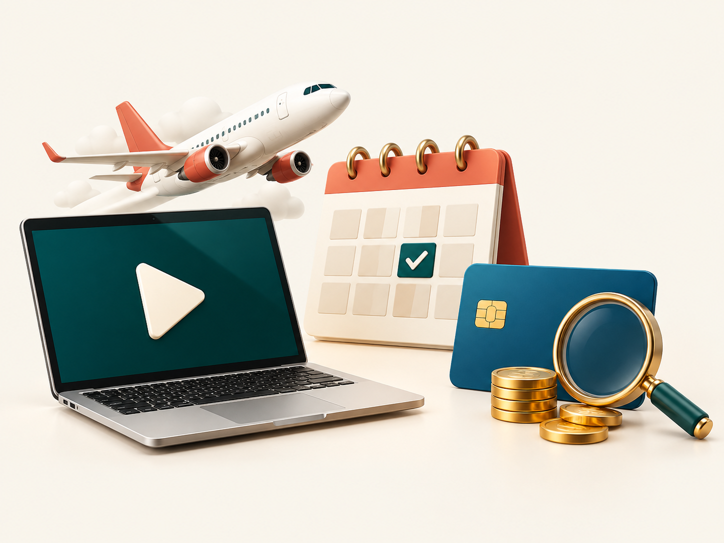 Ilustração 3D de um notebook com vídeo, um avião, um calendário, um cartão, uma lupa e moedas: os bônus de milhas