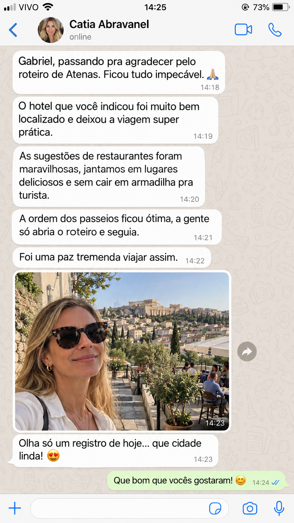 Print de conversa no WhatsApp de Catia Abravanel agradecendo pelo roteiro de Atenas
