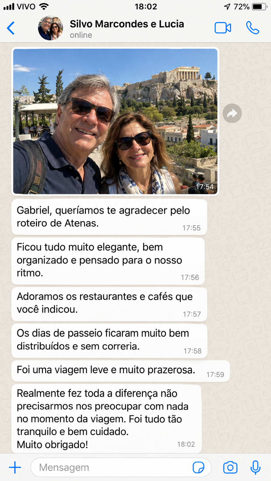Print de conversa no WhatsApp de Silvo Marcondes e Lucia agradecendo pelo roteiro de Atenas