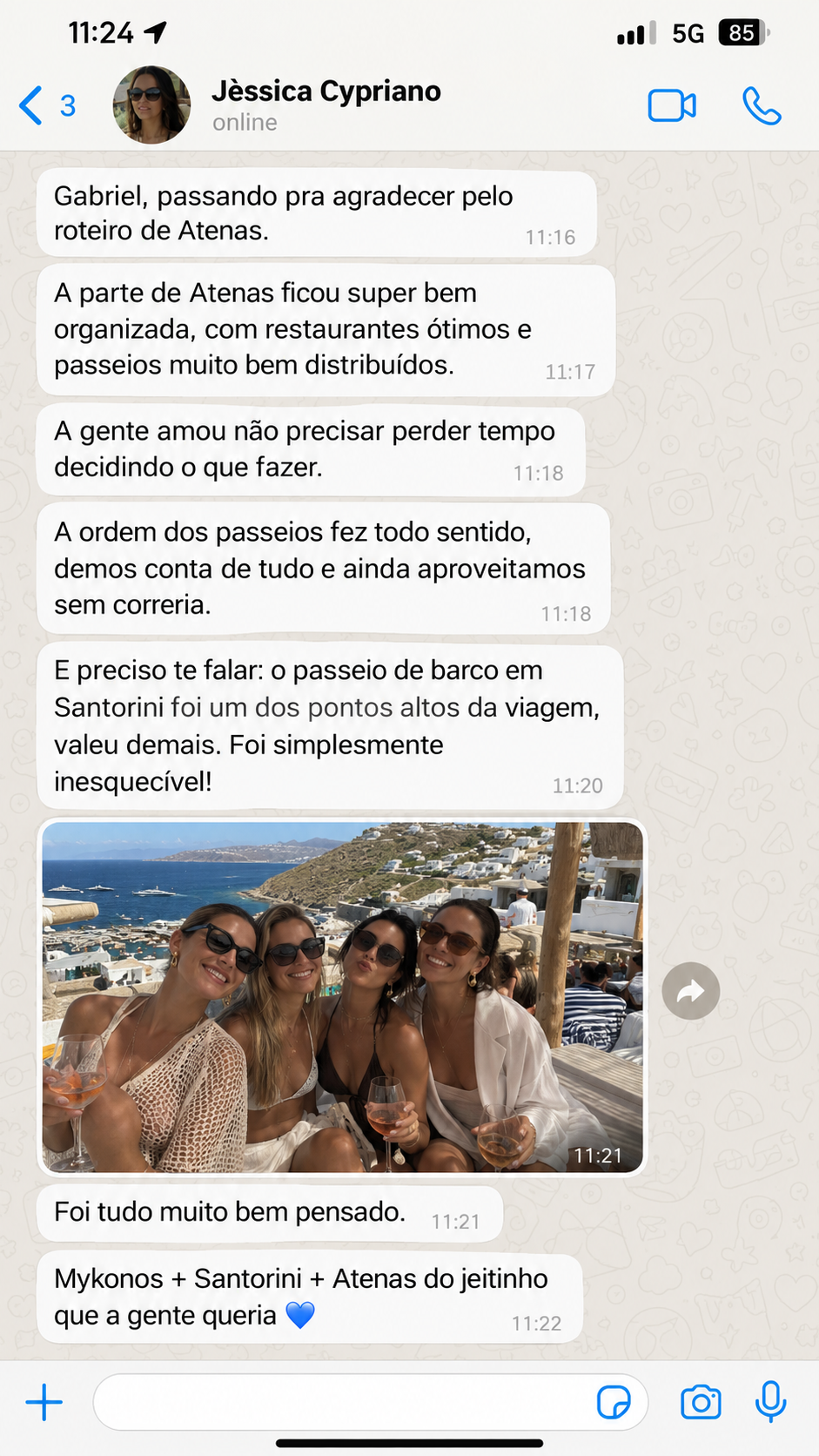 Print de conversa no WhatsApp de Jèssica Cypriano agradecendo pelo roteiro de Atenas, Santorini e Mykonos