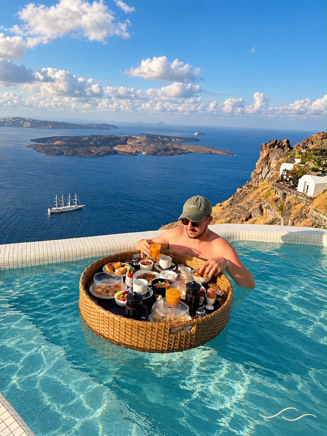 Café da manhã flutuante na piscina com vista para a caldera