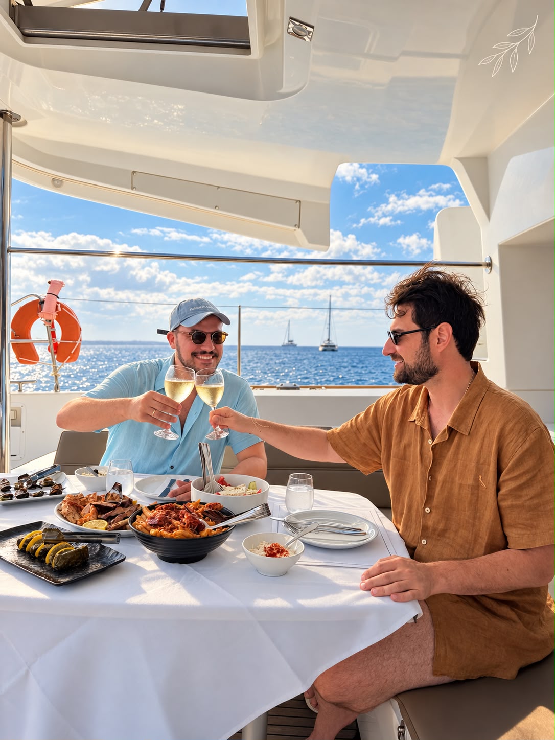Almoço a bordo de um catamarã com o mar Egeu ao fundo