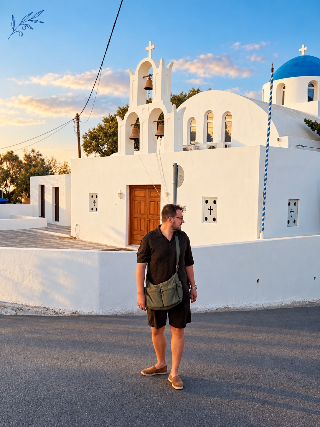 Igreja branca de cúpula azul em Santorini ao entardecer